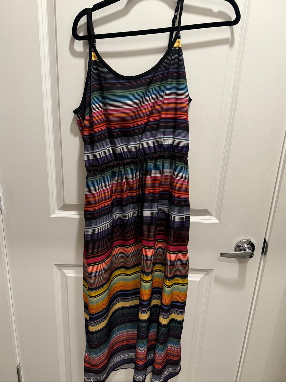 Athleta Multicolor Rainbow Striped Drawstring Midi Dress with Black Trim